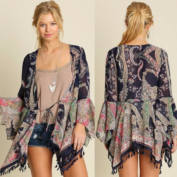Umgee Tops - Umgee Boho Navy Paisley Pom Pom Kimono XL